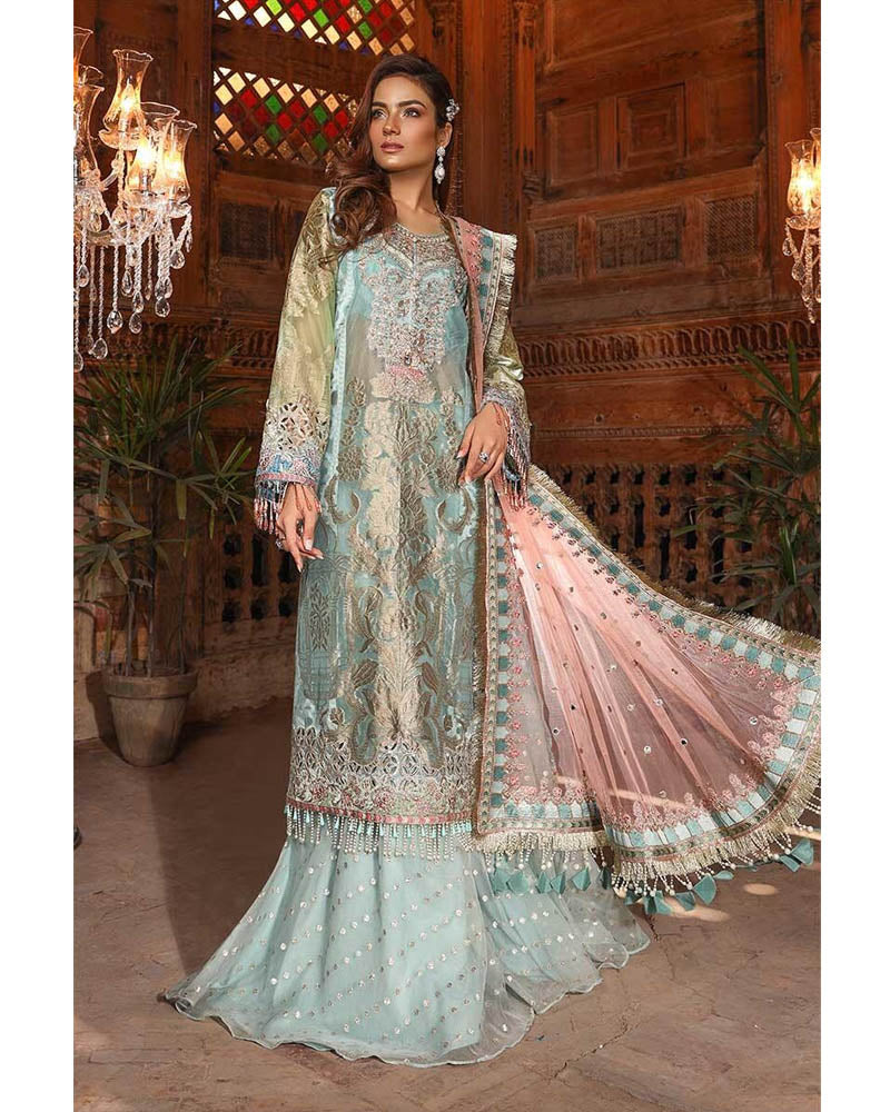 Maria B Unstitched MBROIDERED Powder Blue & Coral Salwar Suits - BD-1705