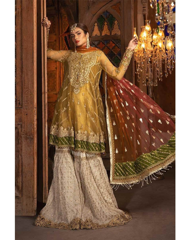 Maria B Unstitched MBROIDERED Mustard, Fuschia & Off White Salwar Suits - BD-1708