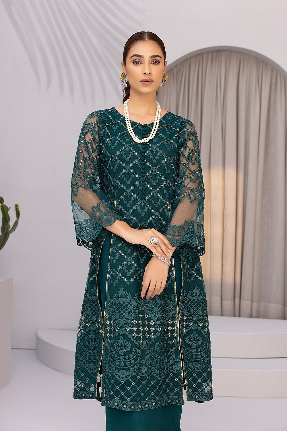 Embroidered Party Shirt | Kurta | Azure | Emerald