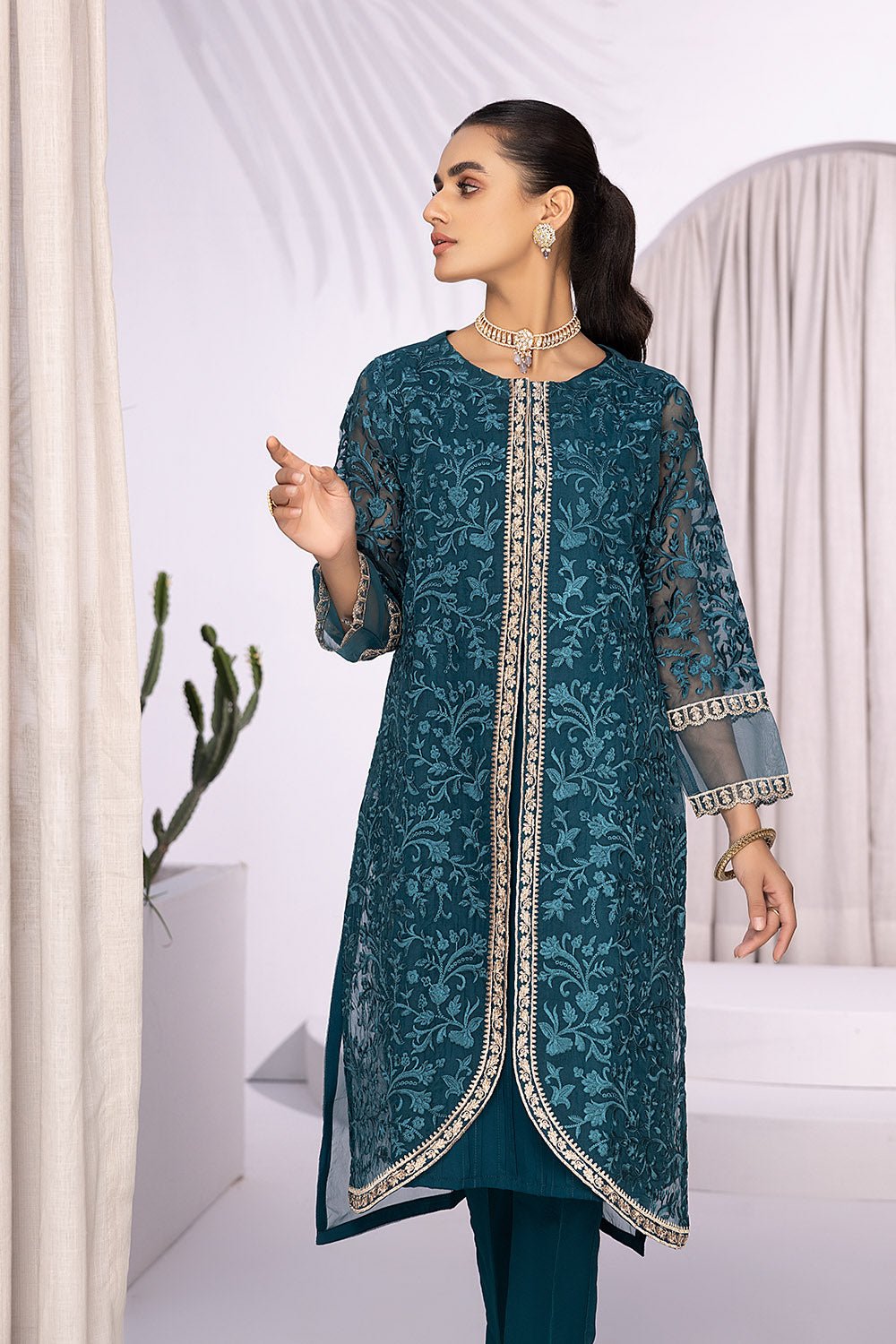 Embroidered Party Shirt | Kurta | Azure | Glowing Fern
