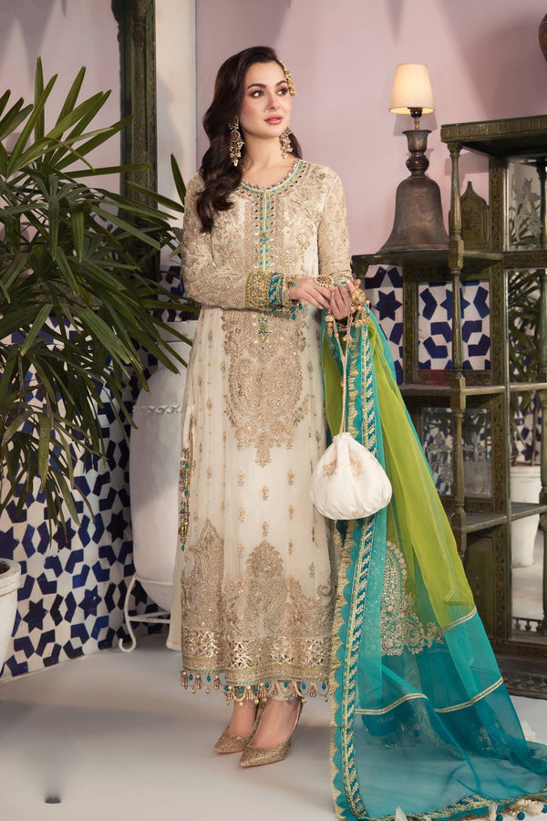 Maria.B. Chiffons Unstitched Eid Collection - MPC-21-107-Cream and Ferozi