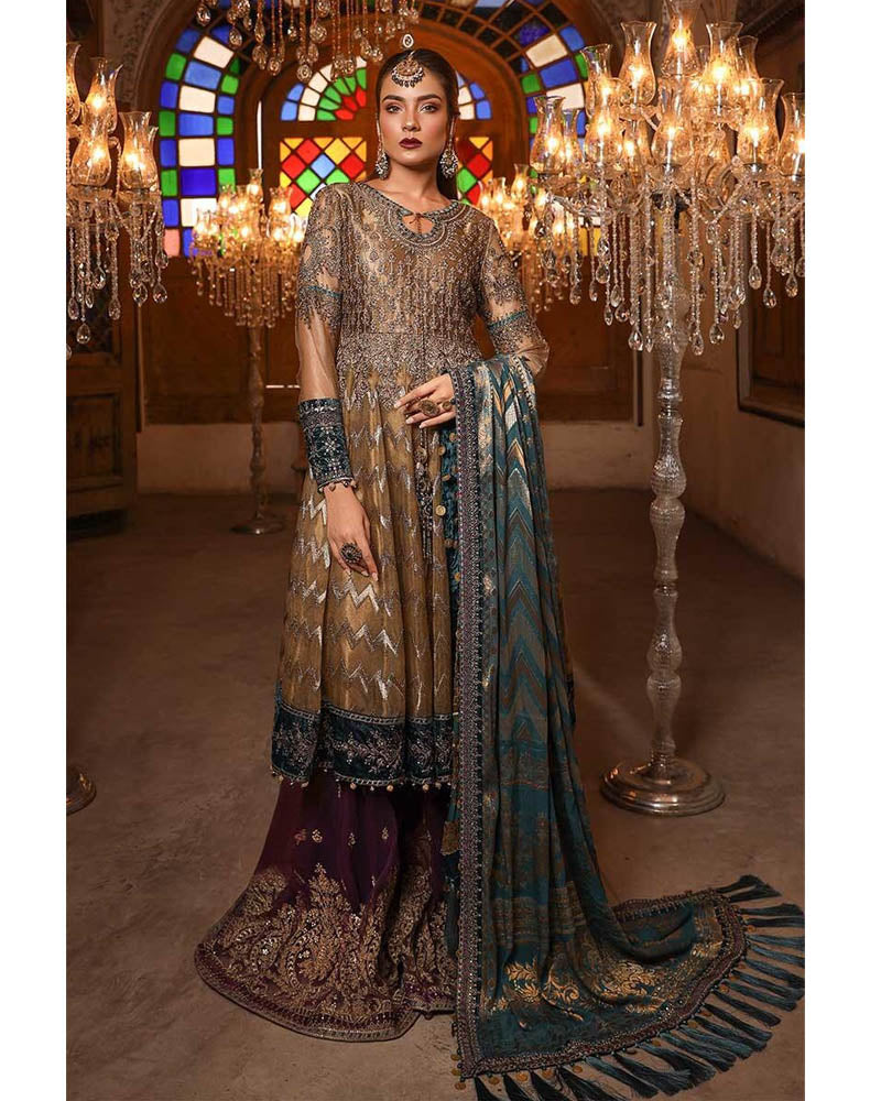 Maria B Unstitched EMBROIDERED Metalic Brown & Teal Salwar Suits - BD-1702