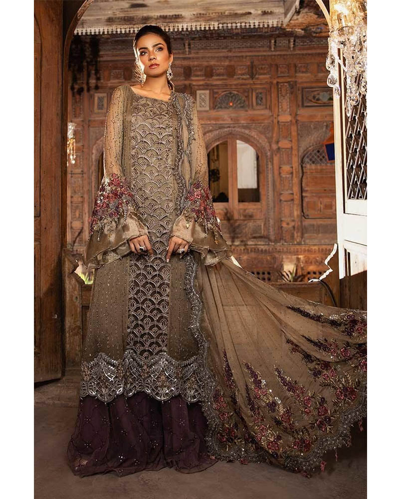 Maria B Unstitched MBROIDERED Cappuccino Grey & Lilac Salwar Suits - BD-1704