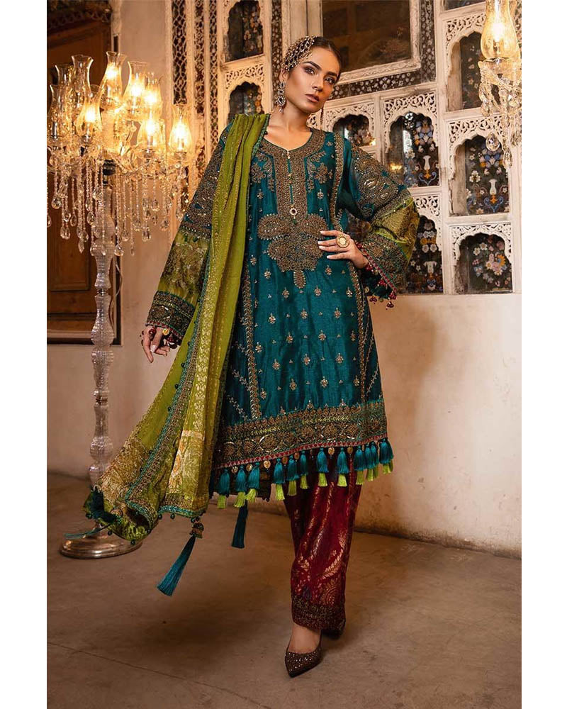 Maria B Unstitched MBROIDERED Teal, Green & Deep Ruby Salwar Suits - BD-1706