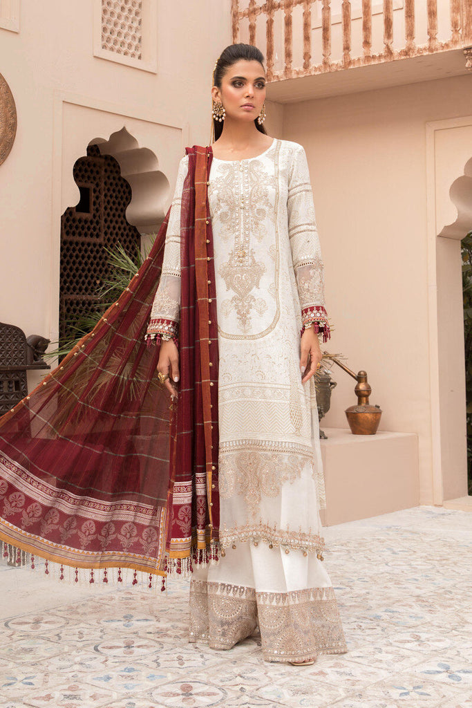 Maria B Eid Lawn 2021 – Ivory White and Maroon