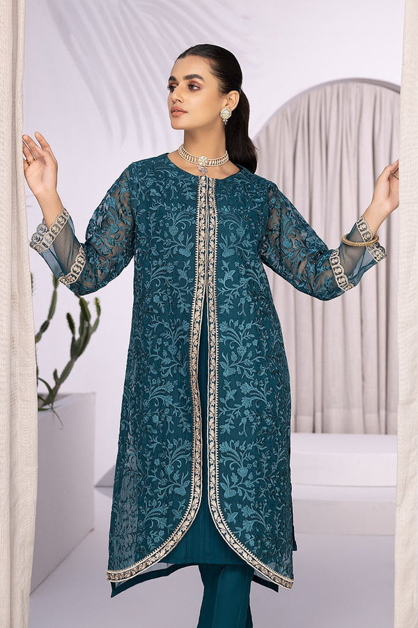 Embroidered Party Shirt | Kurta | Azure | Glowing Fern